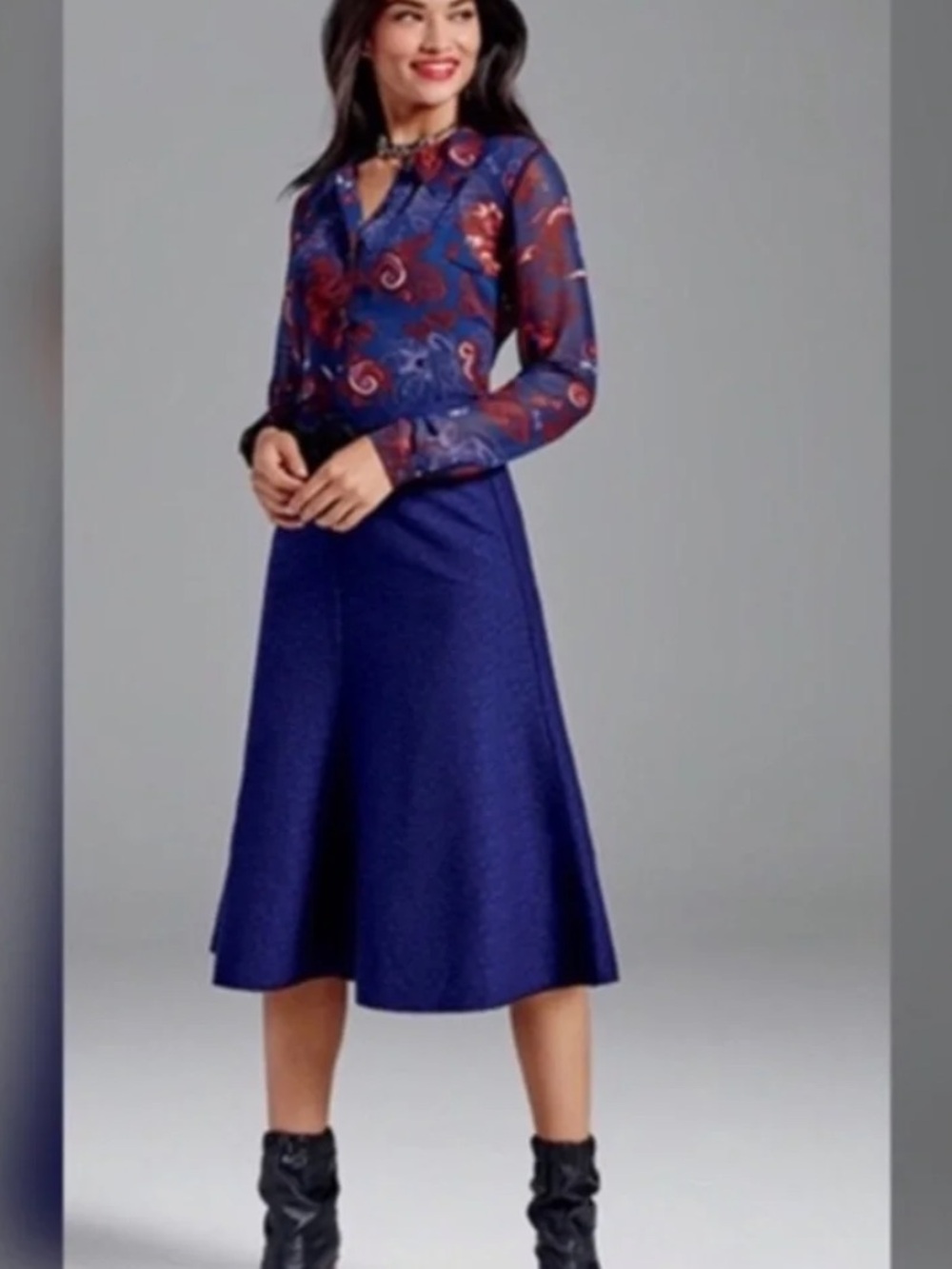 NWT CAbi Navy Blue Textured Tulip A-Line Midi Skirt